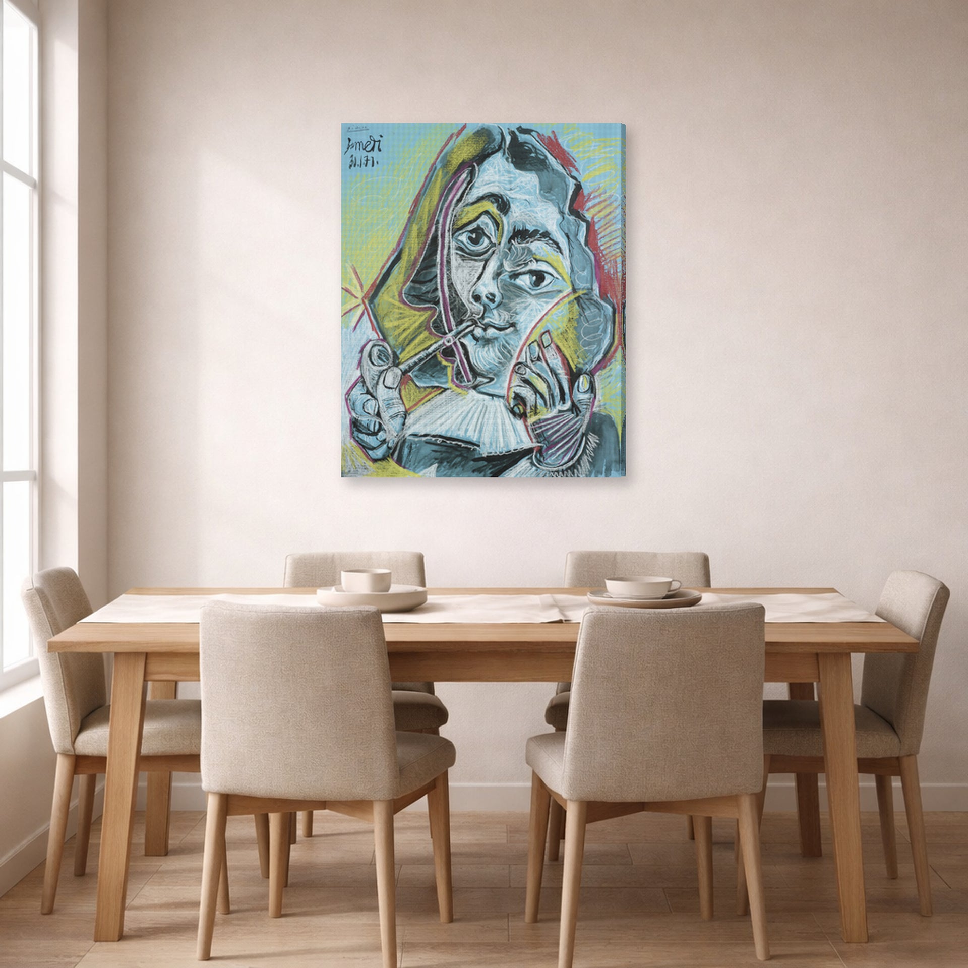 Gallery-wrapped canvas print of Pablo Picasso's 'Man Smoking a Pipe' displayed on a wall in a dining room