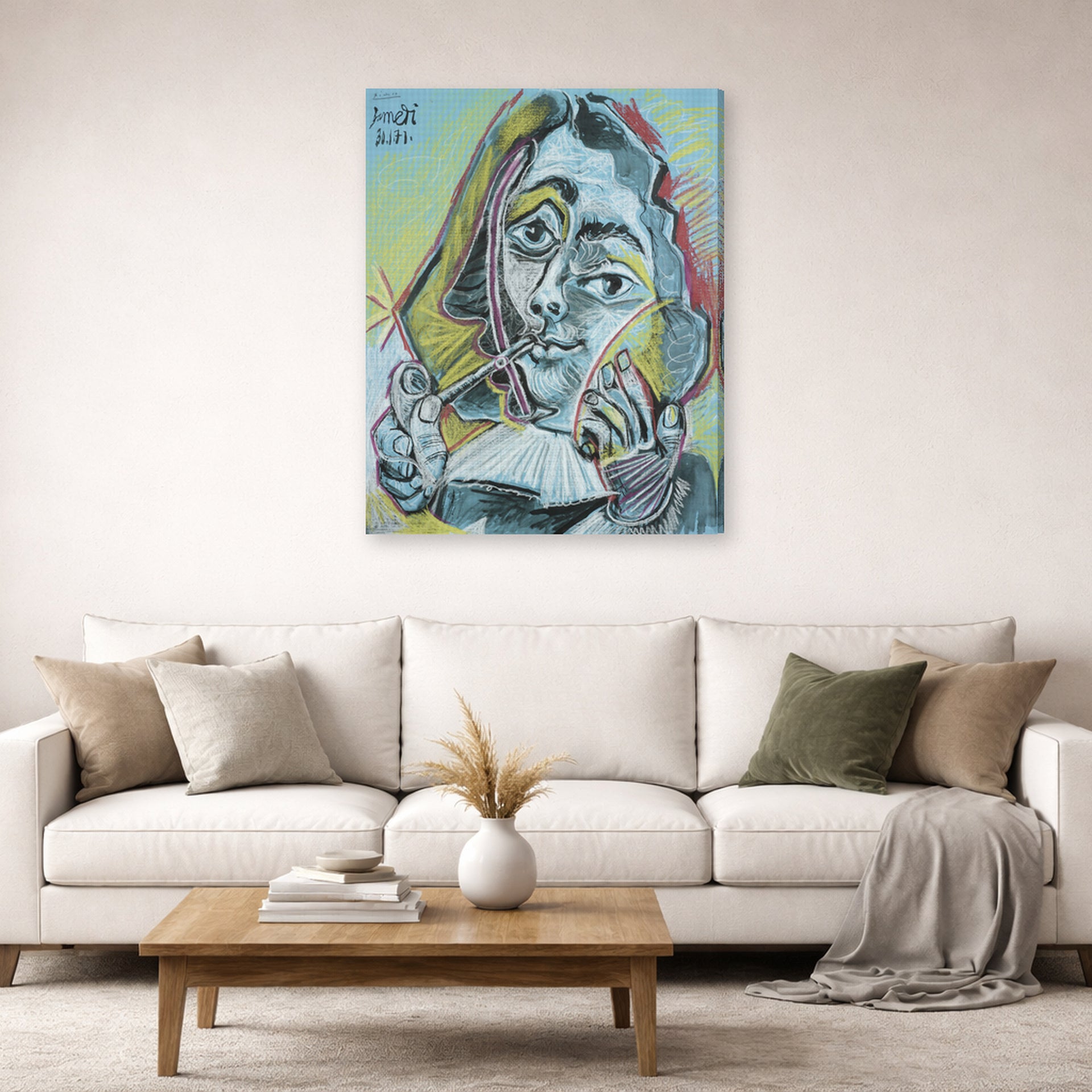Gallery-wrapped canvas print of Pablo Picasso's 'Man Smoking a Pipe' displayed on a wall in a living room