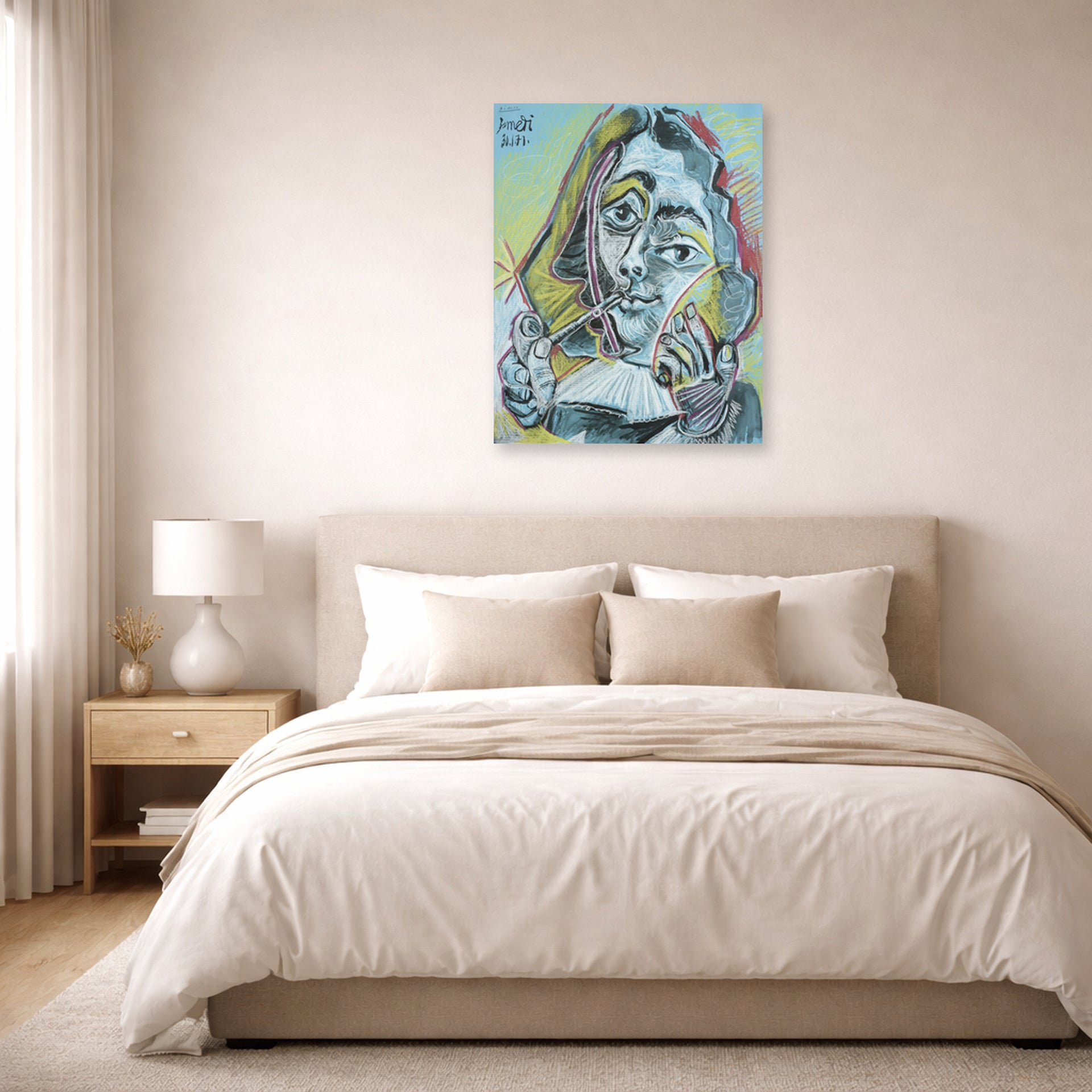 Unframed poster print of Pablo Picasso's 'Man Smoking a Pipe' displayed on a wall in a bedroom
