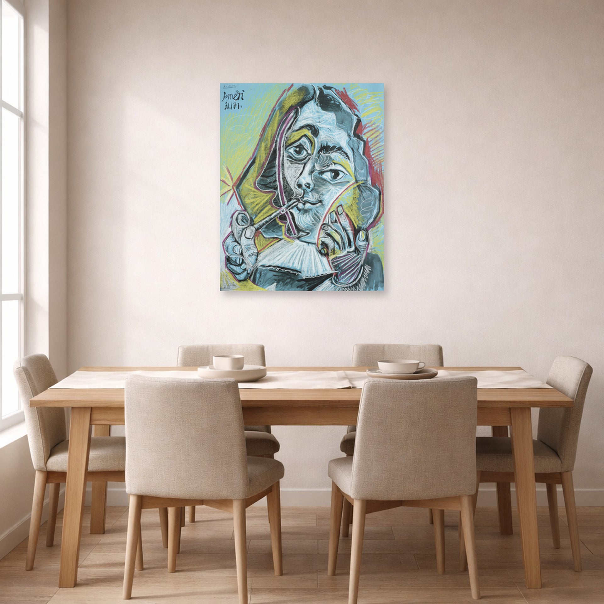 Unframed poster print of Pablo Picasso's 'Man Smoking a Pipe' displayed on a wall in a dining room