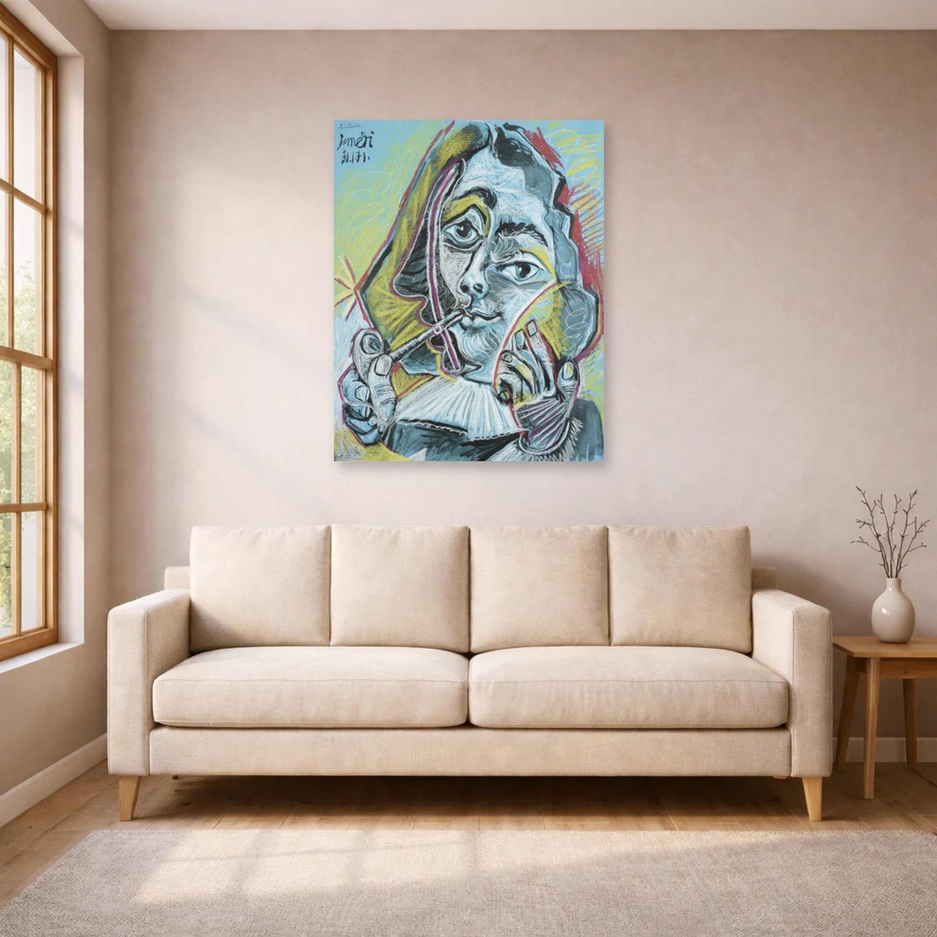 Unframed poster print of Pablo Picasso's 'Man Smoking a Pipe' displayed on a wall in a living room