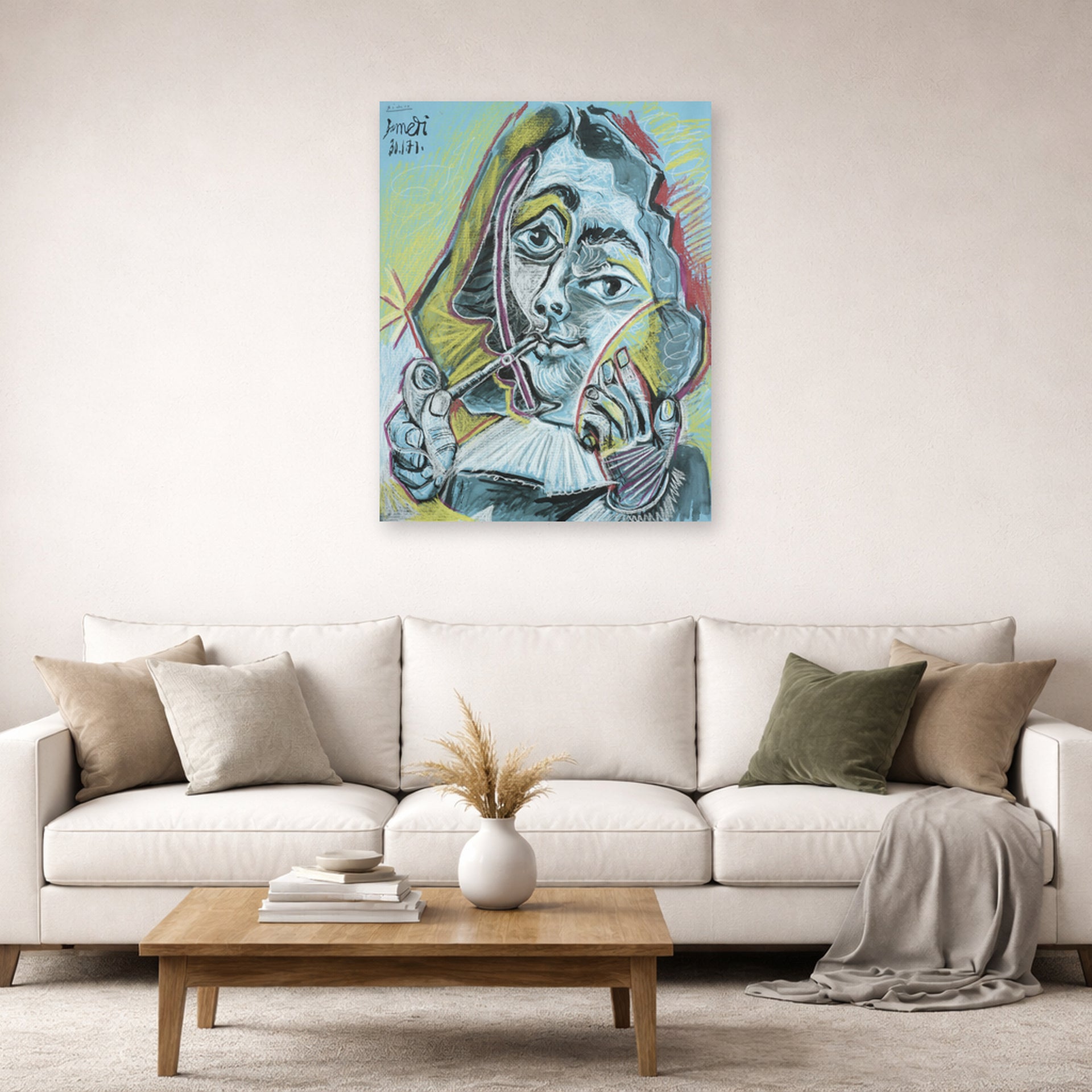 Unframed poster print of Pablo Picasso's 'Man Smoking a Pipe' displayed on a wall in a living room