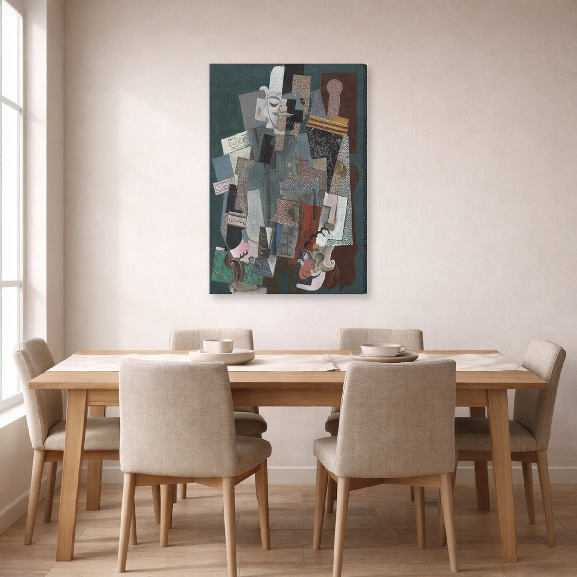 Gallery-wrapped canvas print of Pablo Picasso's 'Man with Pipe' displayed on a wall in a dining room