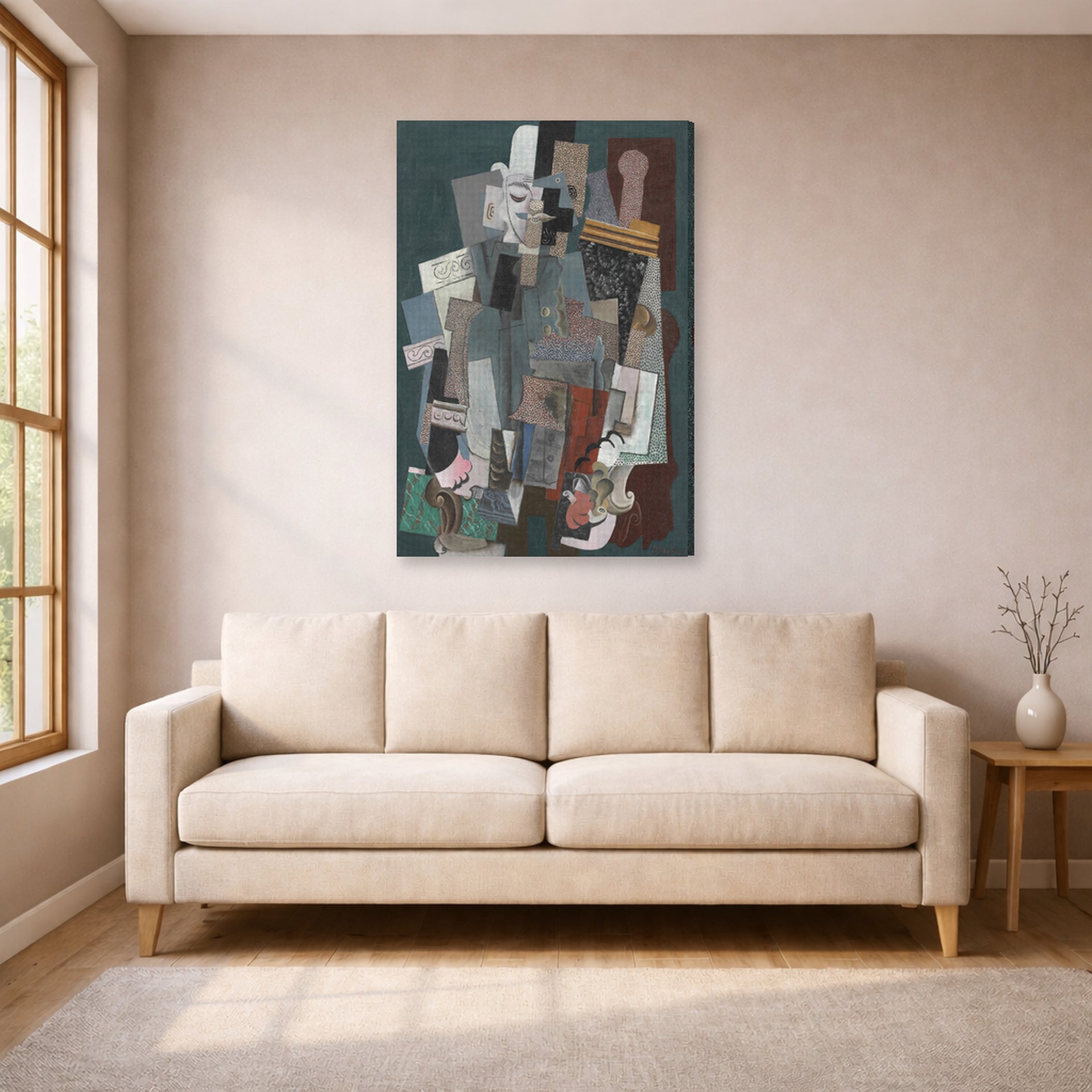 Gallery-wrapped canvas print of Pablo Picasso's 'Man with Pipe' displayed on a wall in a living room