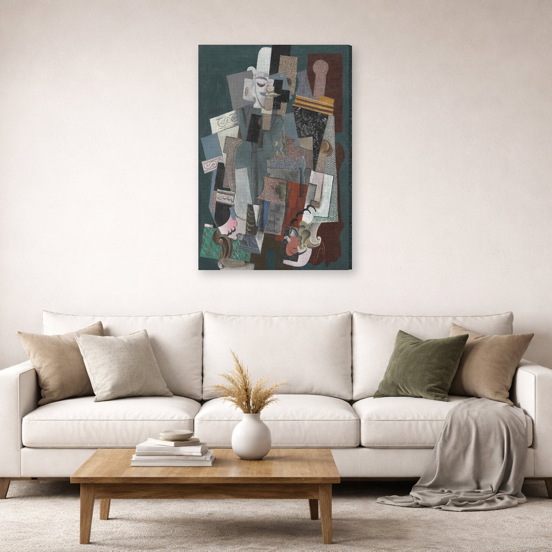 Gallery-wrapped canvas print of Pablo Picasso's 'Man with Pipe' displayed on a wall in a living room