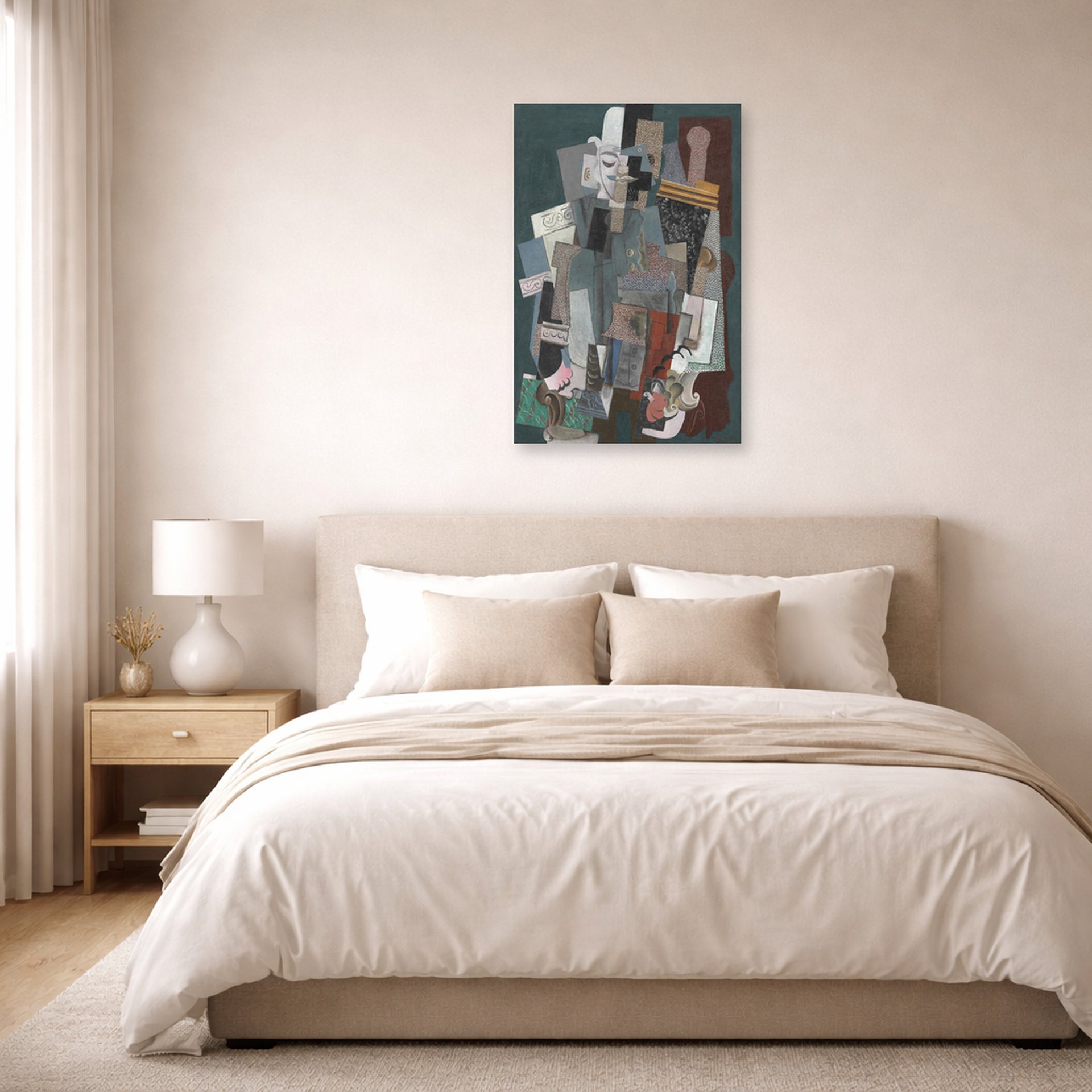 Unframed poster print of Pablo Picasso's 'Man with Pipe' displayed on a wall in a bedroom