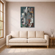 Unframed poster print of Pablo Picasso's 'Man with Pipe' displayed on a wall in a living room