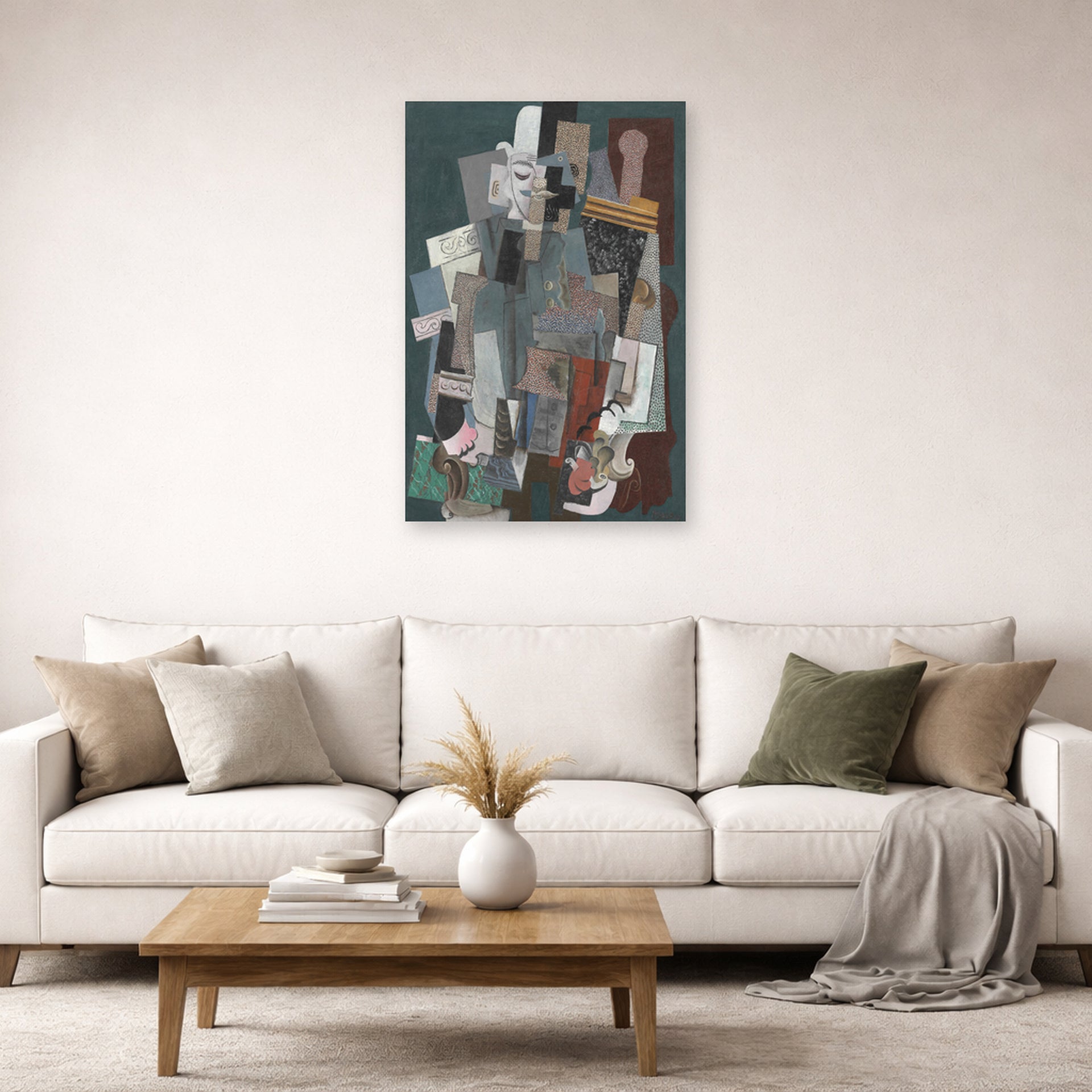 Unframed poster print of Pablo Picasso's 'Man with Pipe' displayed on a wall in a living room