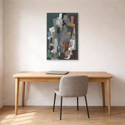 Unframed poster print of Pablo Picasso's 'Man with Pipe' displayed on a wall in a home office