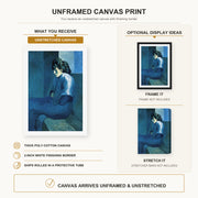 Pablo Picasso - Melancholy Woman canvas print size comparison and framing display infographic