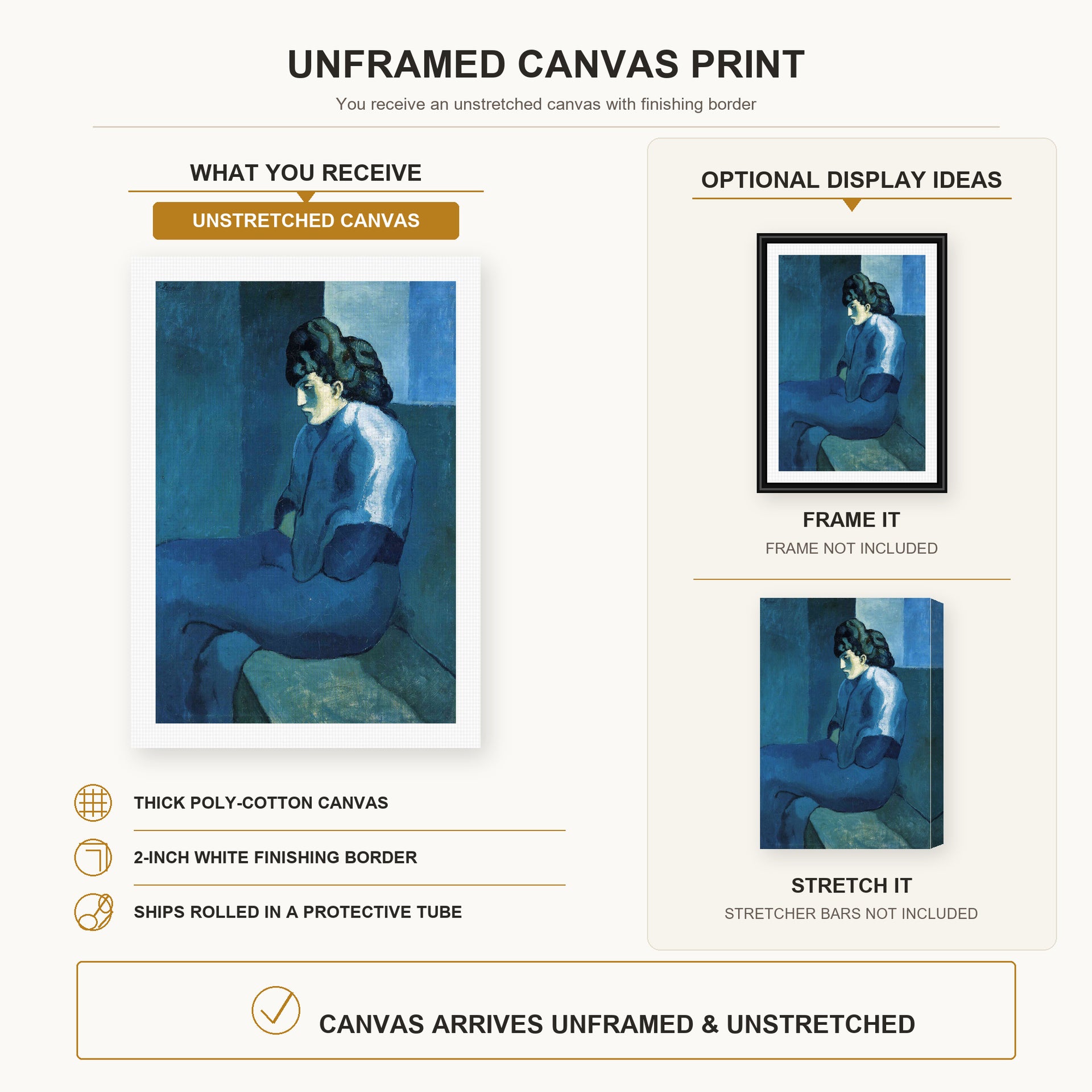Pablo Picasso - Melancholy Woman canvas print size comparison and framing display infographic