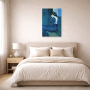 Unframed poster print of Pablo Picasso's 'Melancholy Woman' displayed on a wall in a bedroom