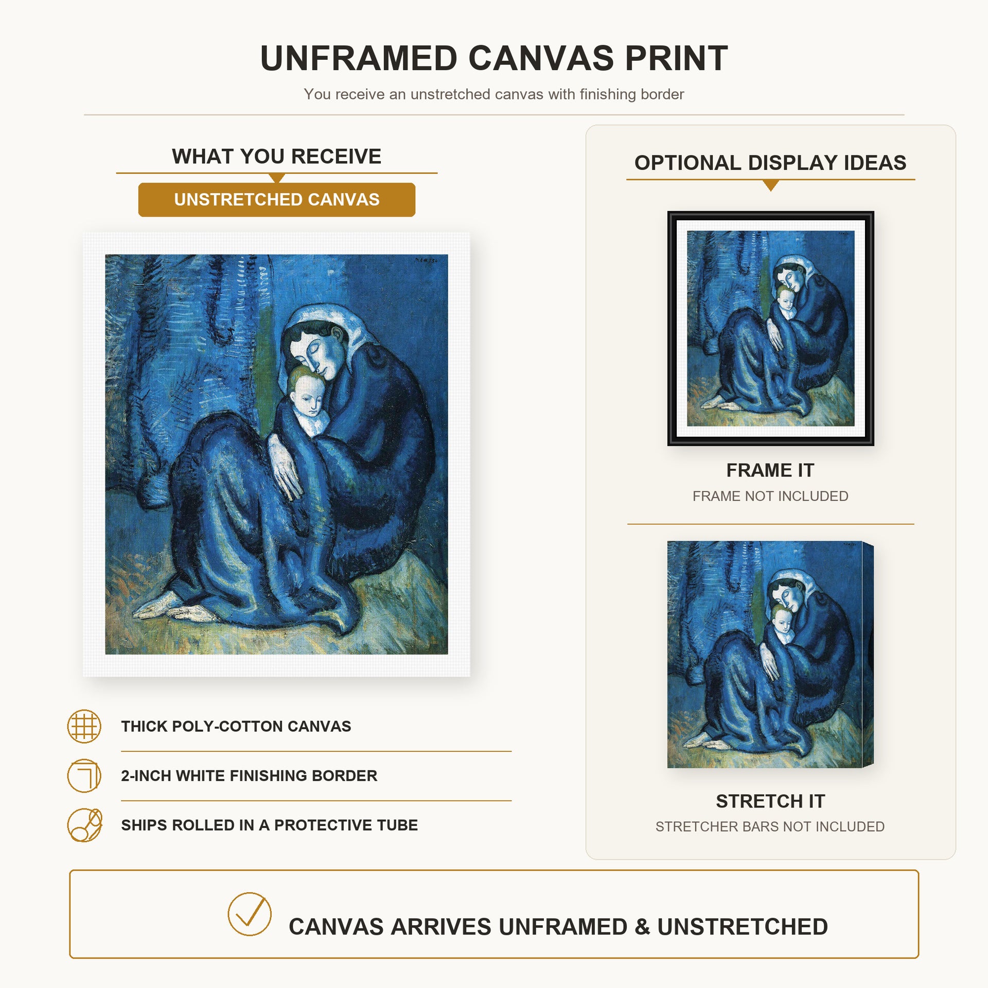 Pablo Picasso - Mother and Child canvas print size comparison and framing display infographic