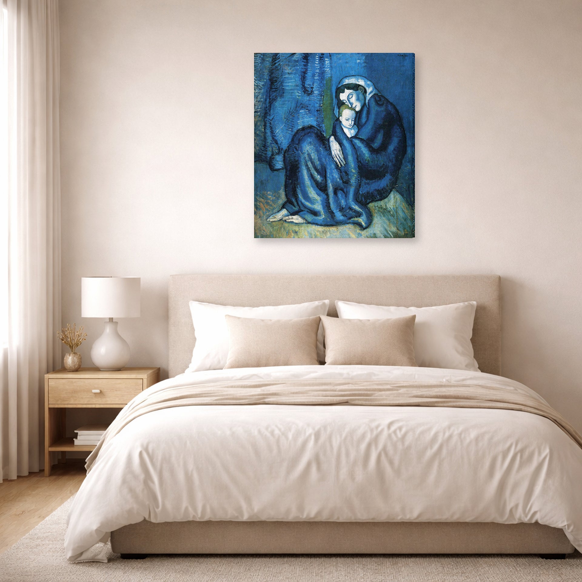 Gallery-wrapped canvas print of Pablo Picasso's 'Mother and Child' displayed on a wall in a bedroom