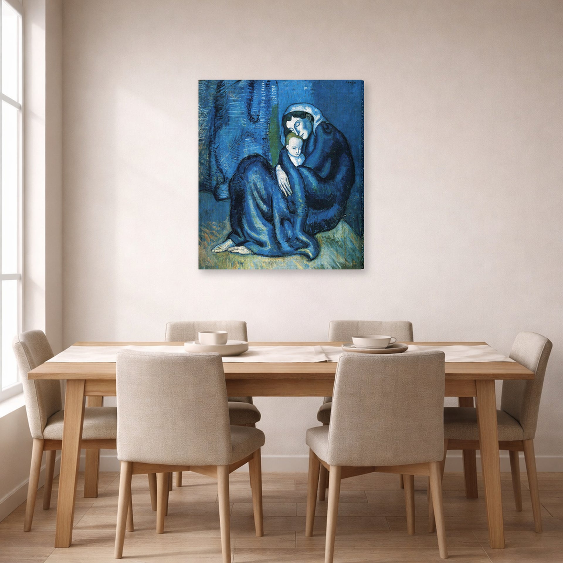 Gallery-wrapped canvas print of Pablo Picasso's 'Mother and Child' displayed on a wall in a dining room