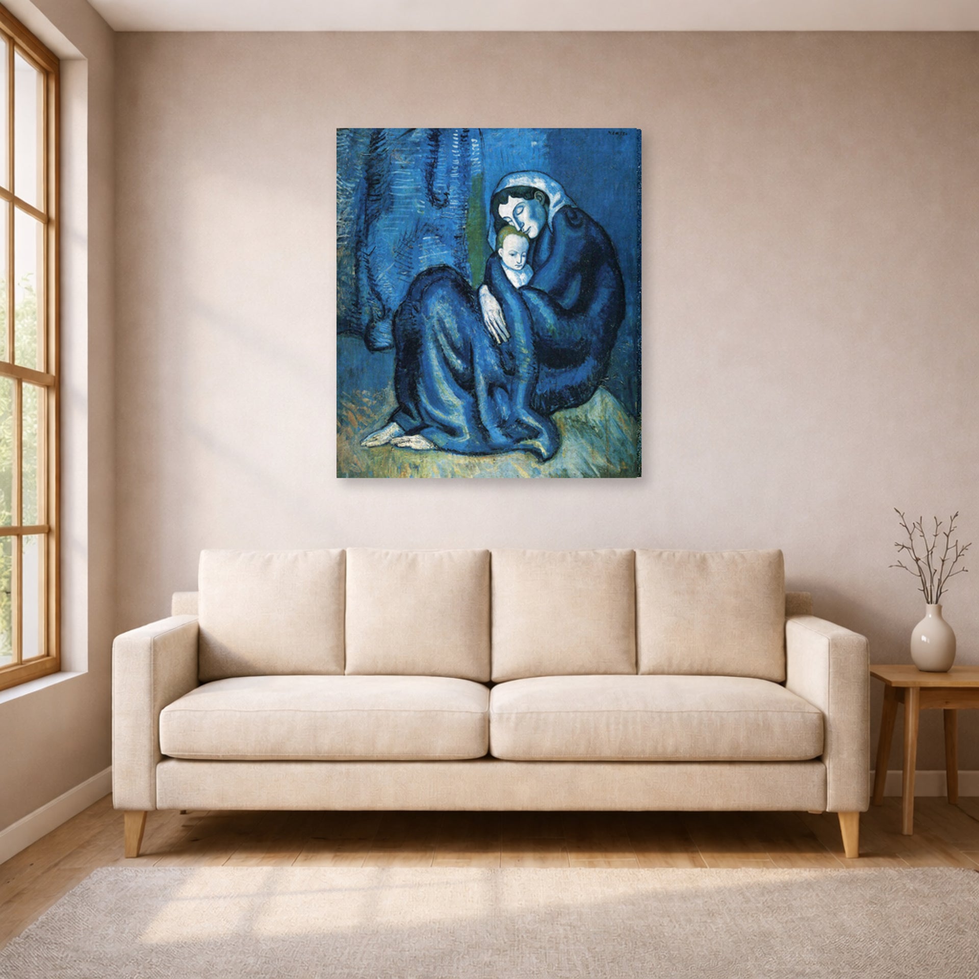 Gallery-wrapped canvas print of Pablo Picasso's 'Mother and Child' displayed on a wall in a living room