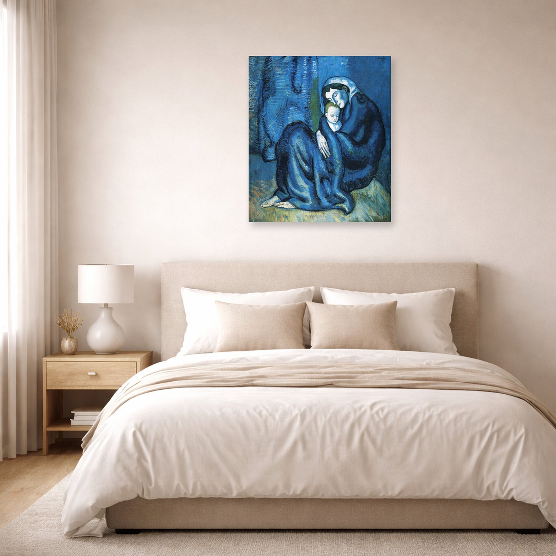 Unframed poster print of Pablo Picasso's 'Mother and Child' displayed on a wall in a bedroom