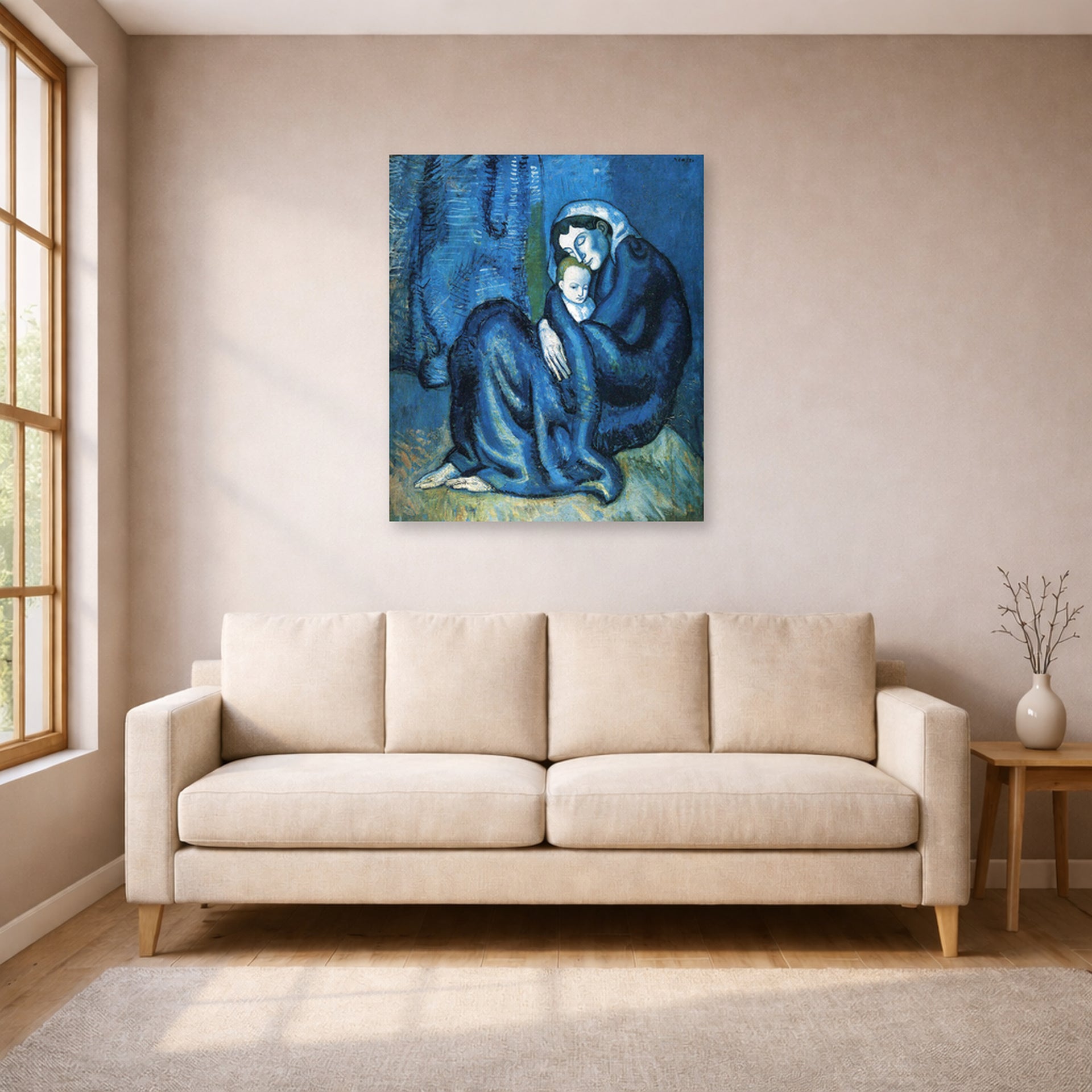 Unframed poster print of Pablo Picasso's 'Mother and Child' displayed on a wall in a living room