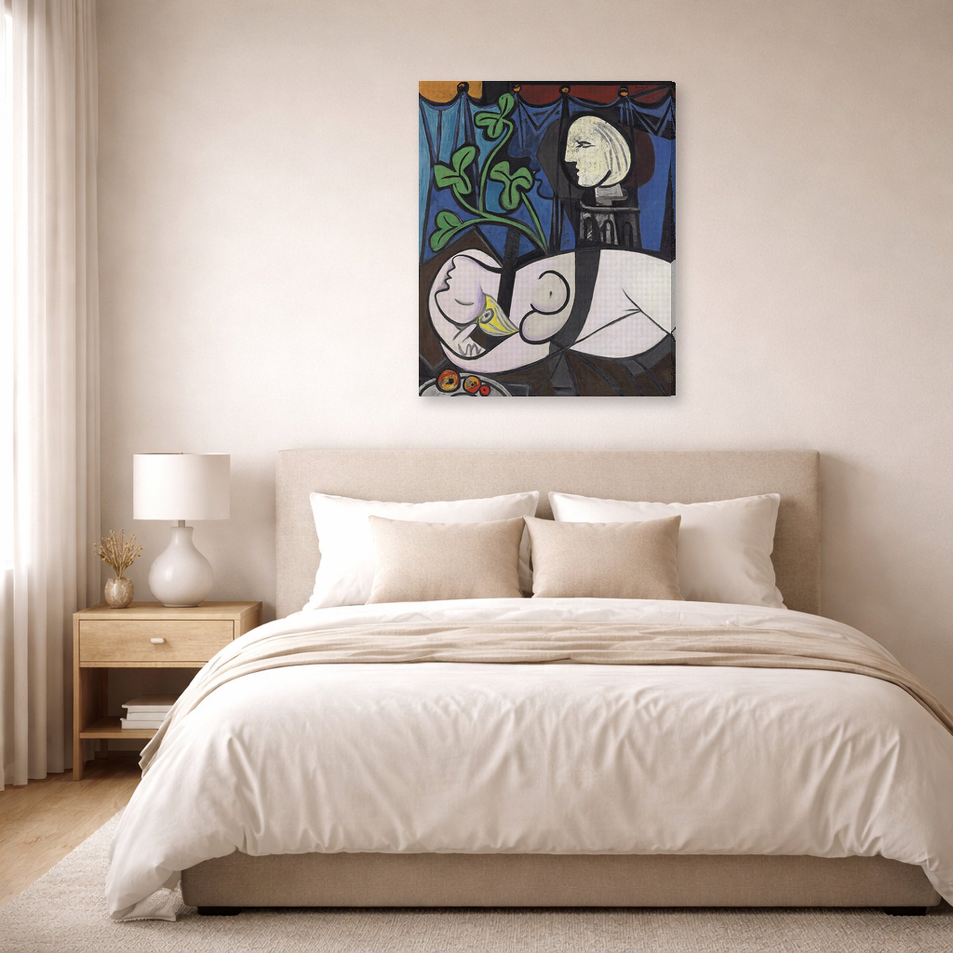 Gallery-wrapped canvas print of Pablo Picasso's 'Nude Green Leaves and Bus' displayed on a wall in a bedroom