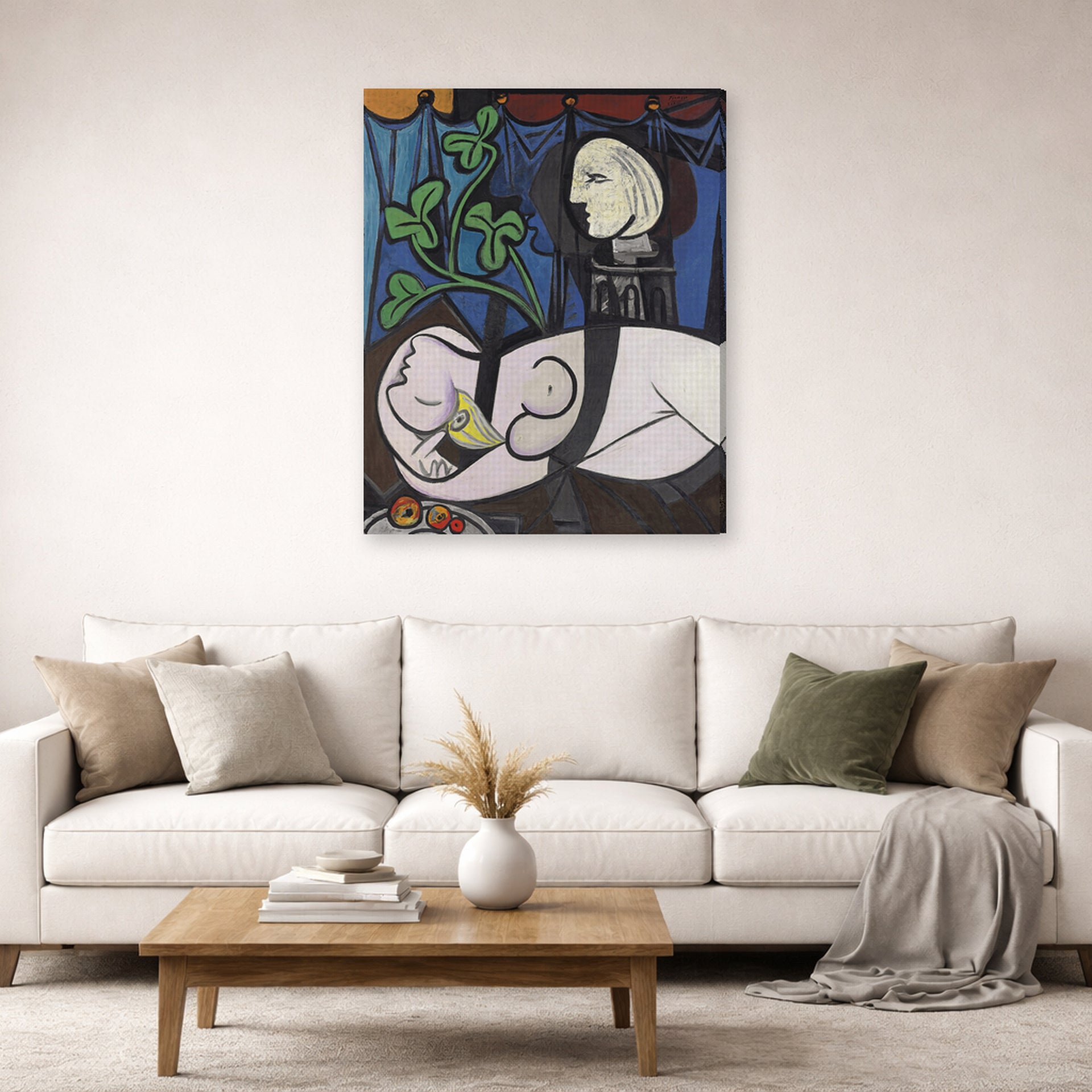 Gallery-wrapped canvas print of Pablo Picasso's 'Nude Green Leaves and Bus' displayed on a wall in a living room