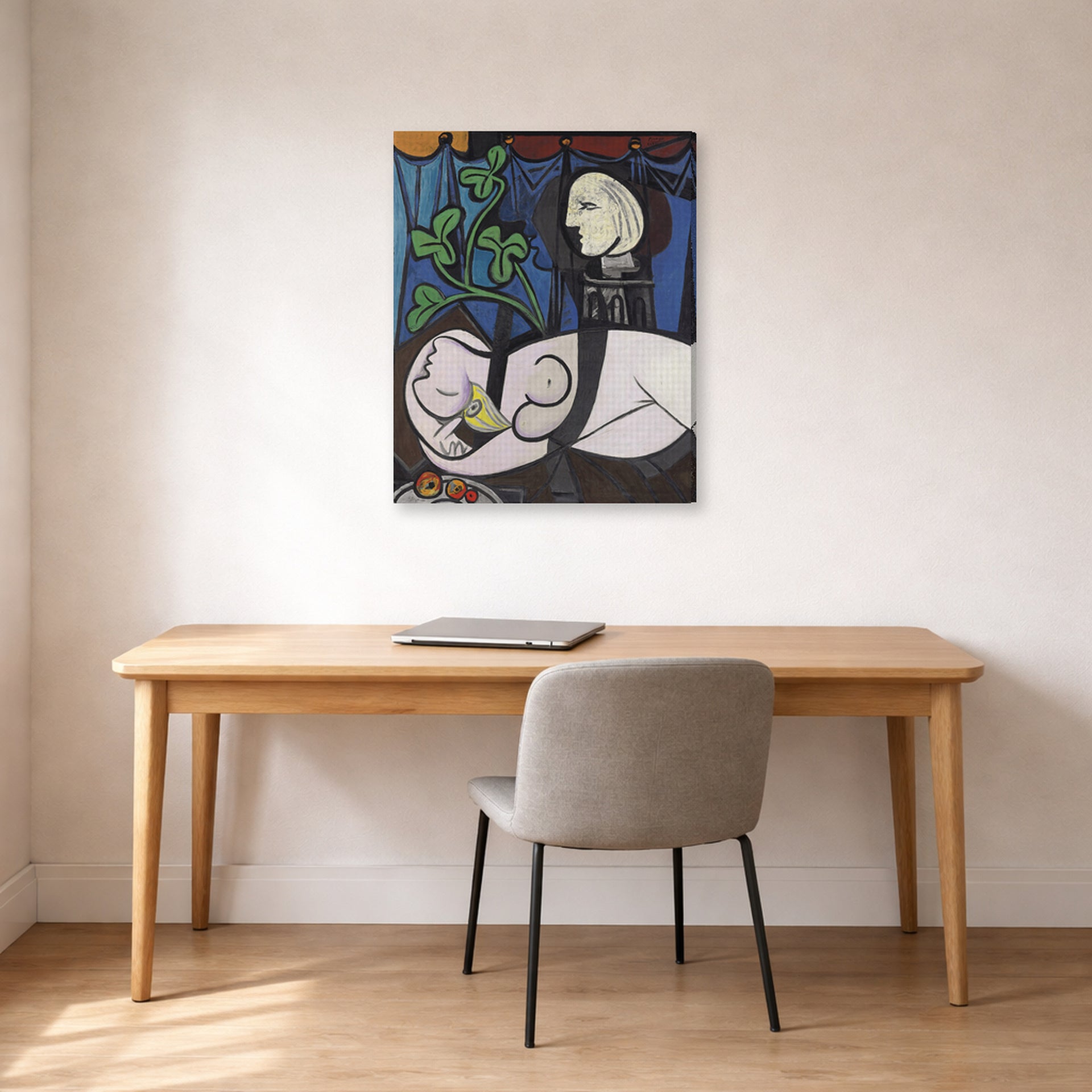 Gallery-wrapped canvas print of Pablo Picasso's 'Nude Green Leaves and Bus' displayed on a wall in a home office