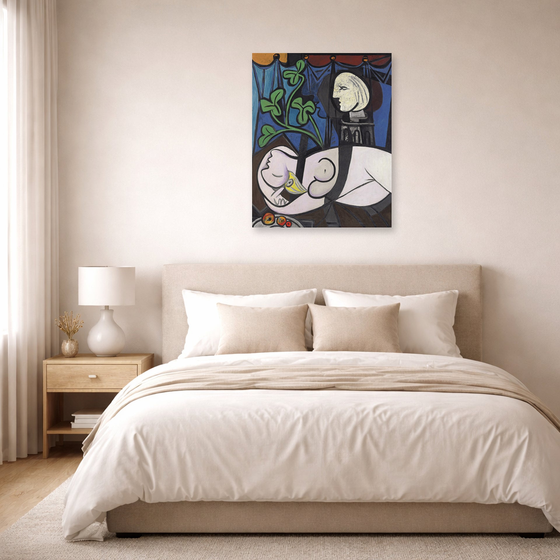 Unframed poster print of Pablo Picasso's 'Nude Green Leaves and Bus' displayed on a wall in a bedroom