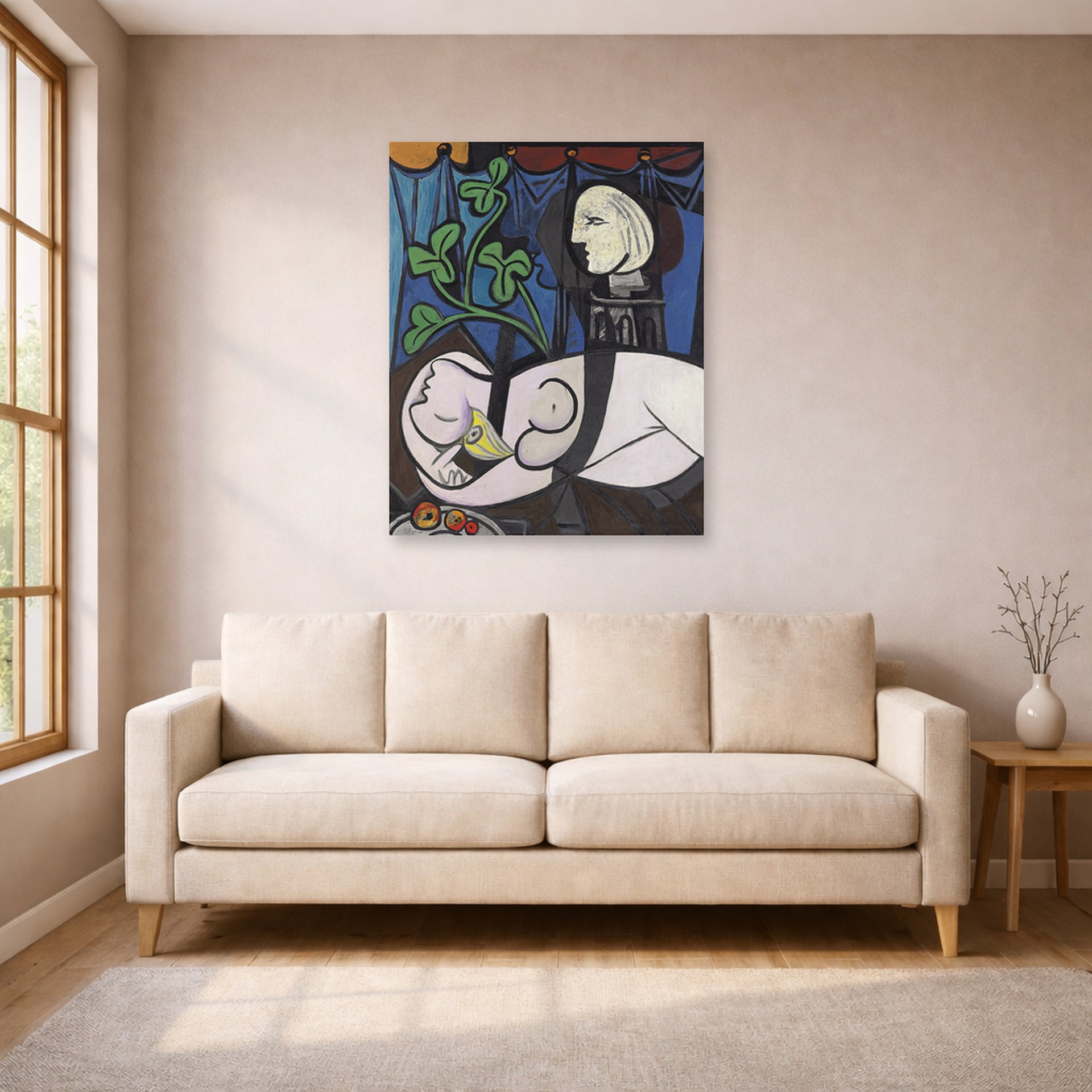 Unframed poster print of Pablo Picasso's 'Nude Green Leaves and Bus' displayed on a wall in a living room