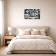 Gallery-wrapped canvas print of Pablo Picasso's 'Nude Lovers' displayed on a wall in a bedroom
