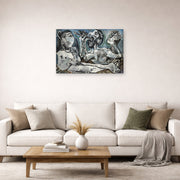 Gallery-wrapped canvas print of Pablo Picasso's 'Nude Lovers' displayed on a wall in a living room