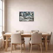 Unframed poster print of Pablo Picasso's 'Nude Lovers' displayed on a wall in a dining room