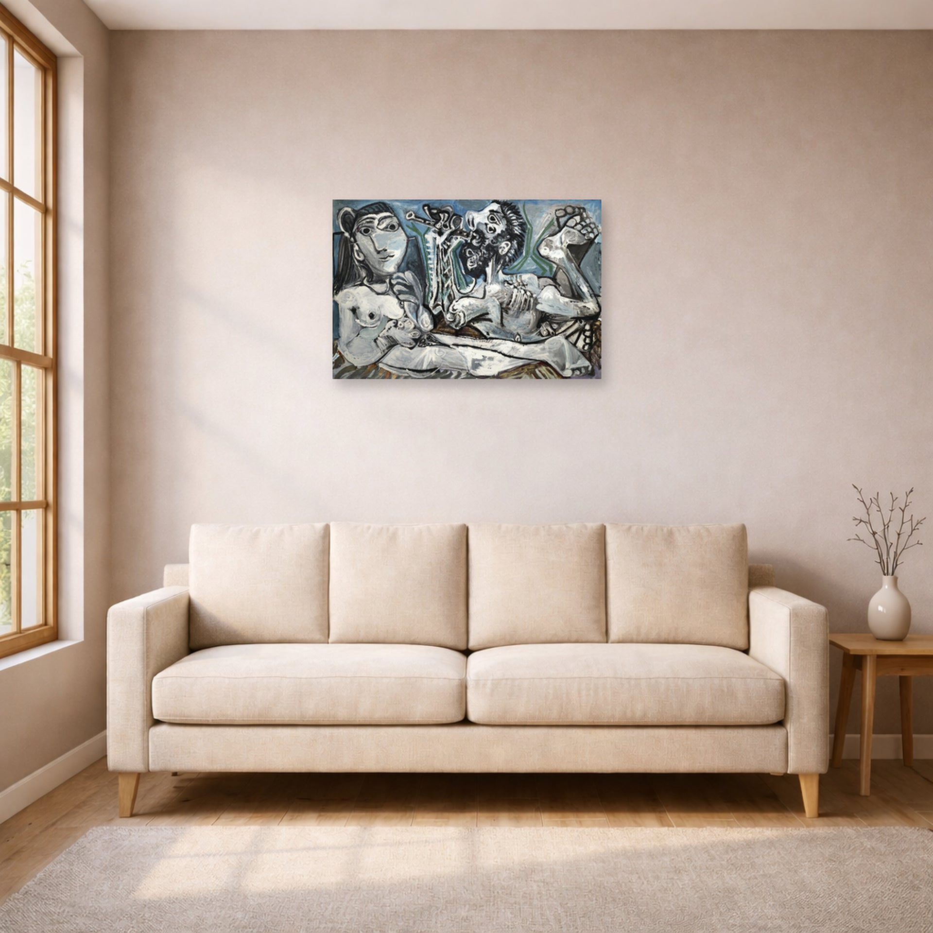Unframed poster print of Pablo Picasso's 'Nude Lovers' displayed on a wall in a living room