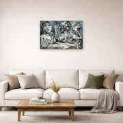 Unframed poster print of Pablo Picasso's 'Nude Lovers' displayed on a wall in a living room