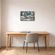Unframed poster print of Pablo Picasso's 'Nude Lovers' displayed on a wall in a home office