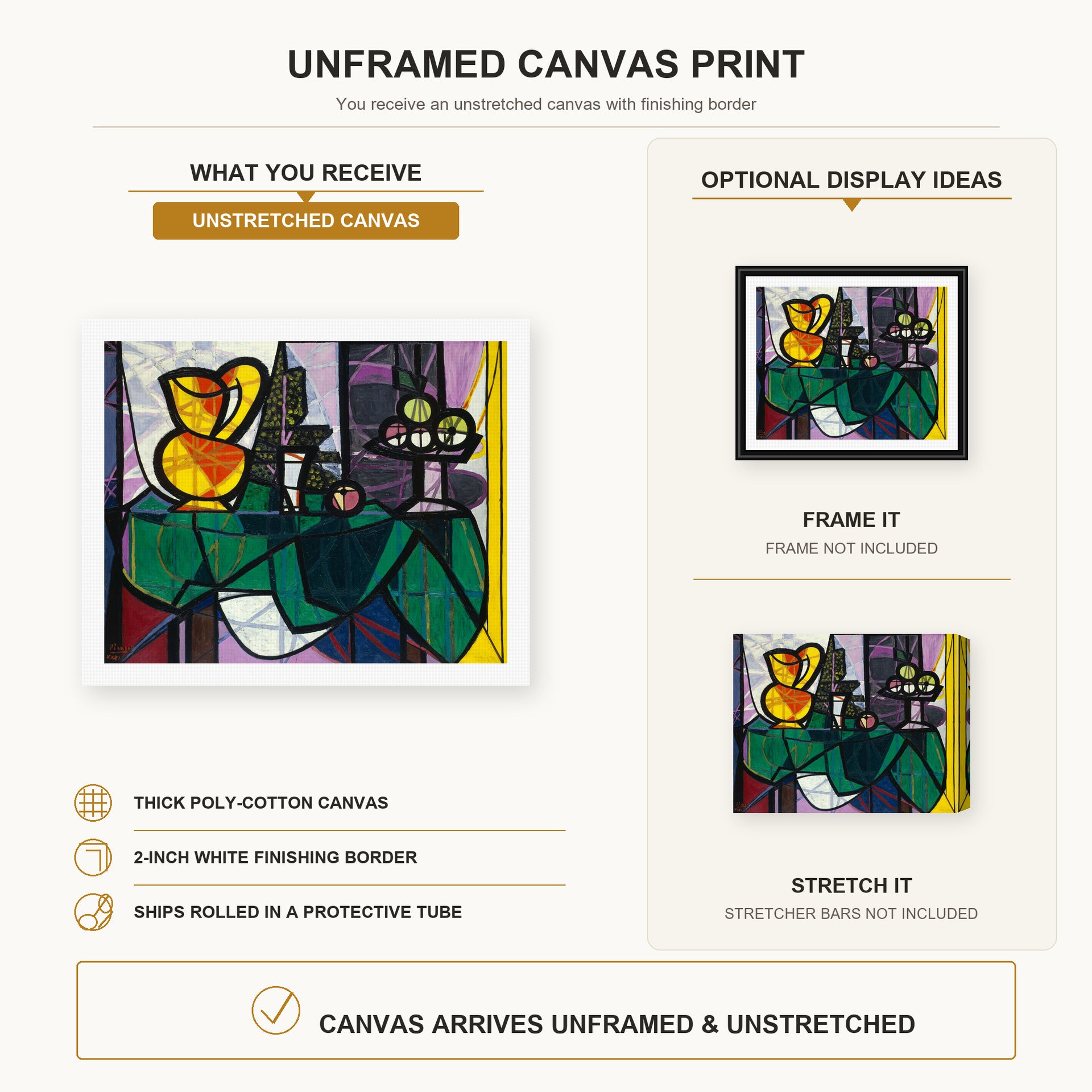 Pablo Picasso - Pitcher and a Bowl of Fruit canvas print size comparison and framing display infographic