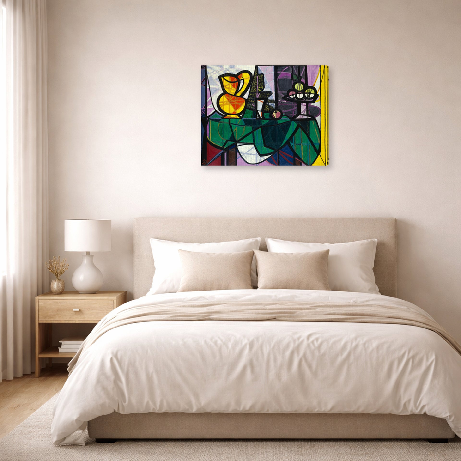 Gallery-wrapped canvas print of Pablo Picasso's 'Pitcher and a Bowl of Fruit' displayed on a wall in a bedroom