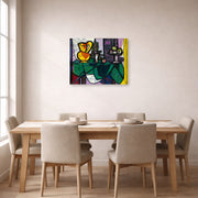 Gallery-wrapped canvas print of Pablo Picasso's 'Pitcher and a Bowl of Fruit' displayed on a wall in a dining room