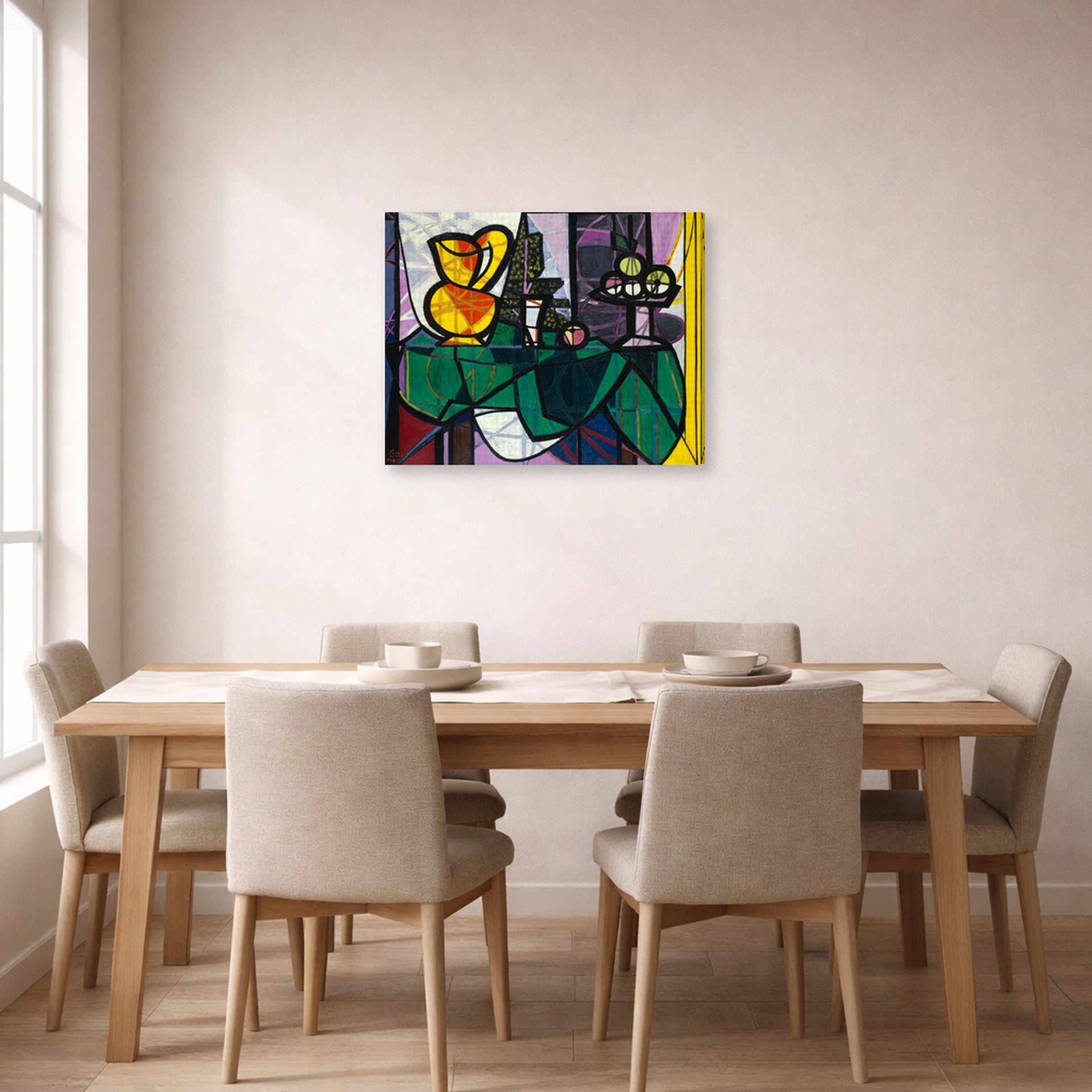Gallery-wrapped canvas print of Pablo Picasso's 'Pitcher and a Bowl of Fruit' displayed on a wall in a dining room