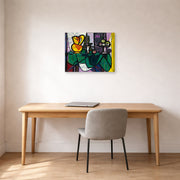Gallery-wrapped canvas print of Pablo Picasso's 'Pitcher and a Bowl of Fruit' displayed on a wall in a home office