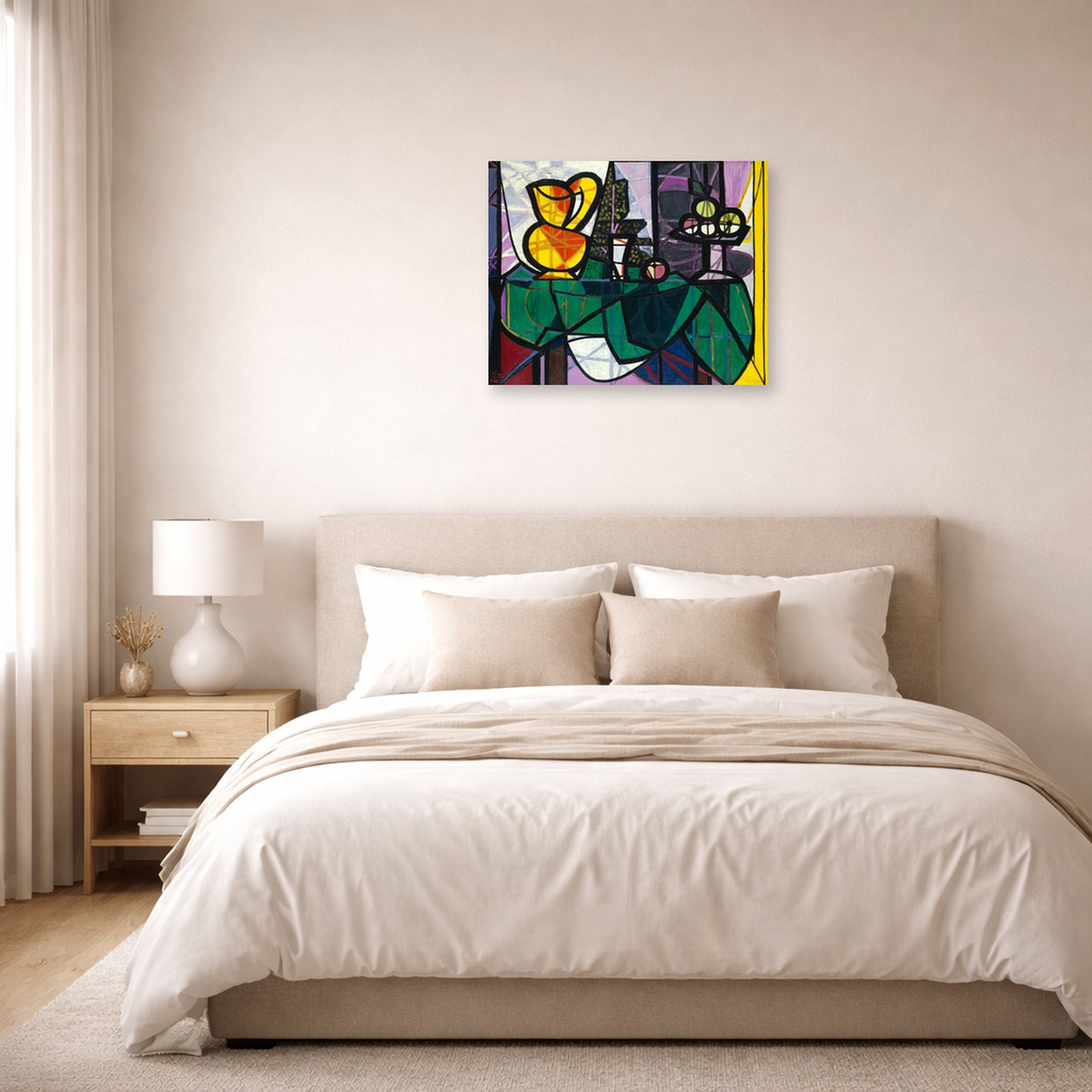 Unframed poster print of Pablo Picasso's 'Pitcher and a Bowl of Fruit' displayed on a wall in a bedroom
