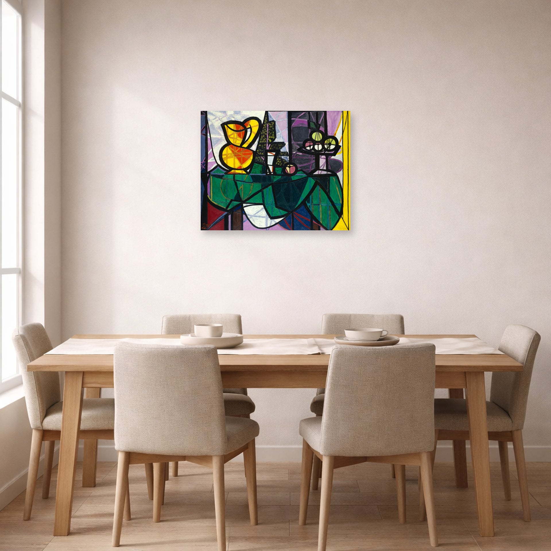 Unframed poster print of Pablo Picasso's 'Pitcher and a Bowl of Fruit' displayed on a wall in a dining room