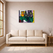 Unframed poster print of Pablo Picasso's 'Pitcher and a Bowl of Fruit' displayed on a wall in a living room