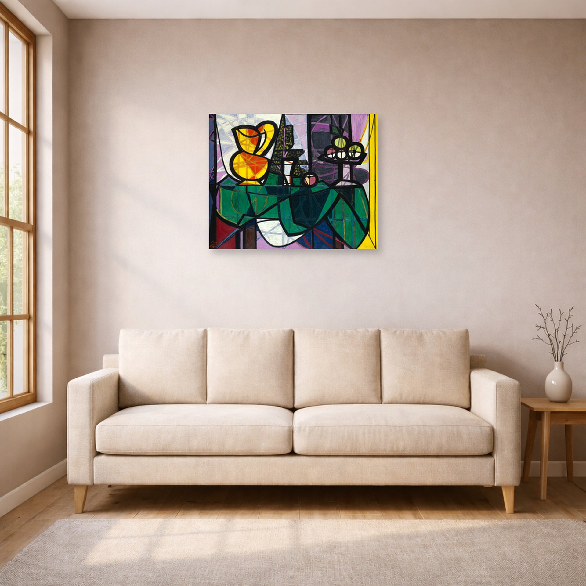 Unframed poster print of Pablo Picasso's 'Pitcher and a Bowl of Fruit' displayed on a wall in a living room