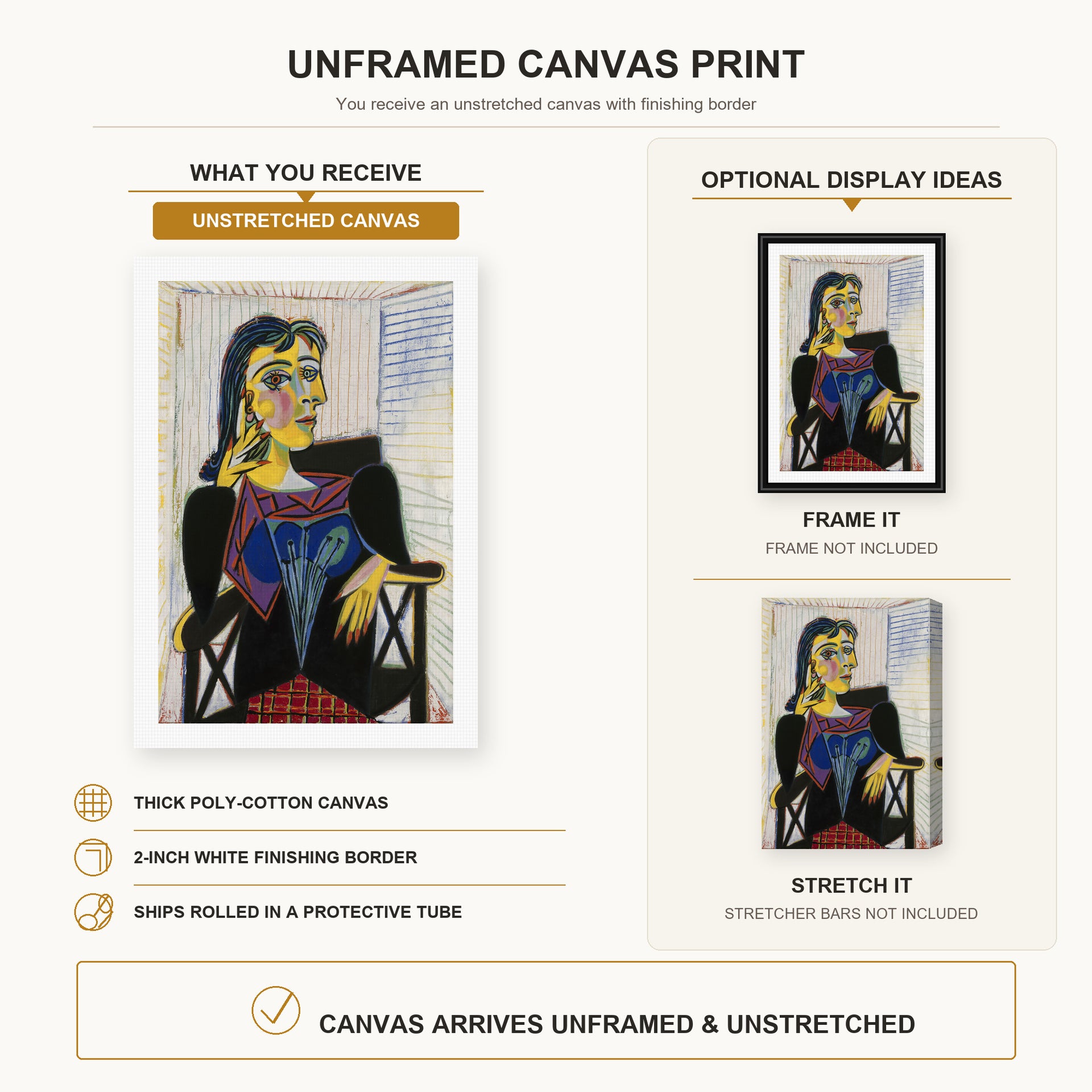 Pablo Picasso - Portrait of Dora Maar canvas print size comparison and framing display infographic