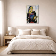 Gallery-wrapped canvas print of Pablo Picasso's 'Portrait of Dora Maar' displayed on a wall in a bedroom