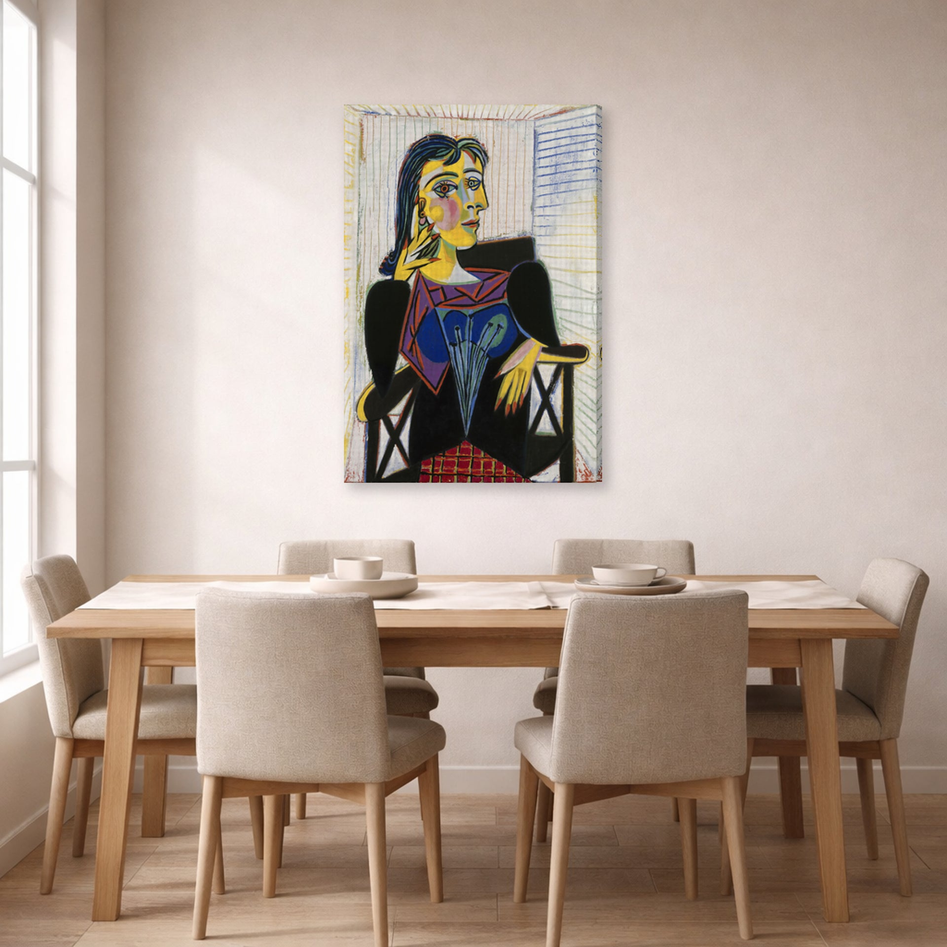 Gallery-wrapped canvas print of Pablo Picasso's 'Portrait of Dora Maar' displayed on a wall in a dining room