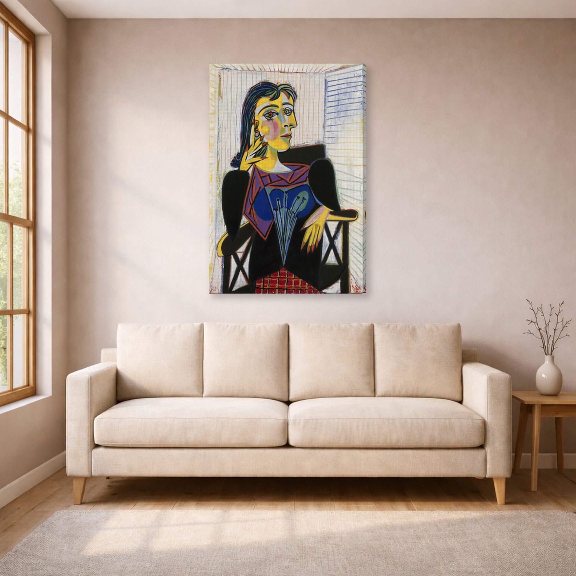 Gallery-wrapped canvas print of Pablo Picasso's 'Portrait of Dora Maar' displayed on a wall in a living room