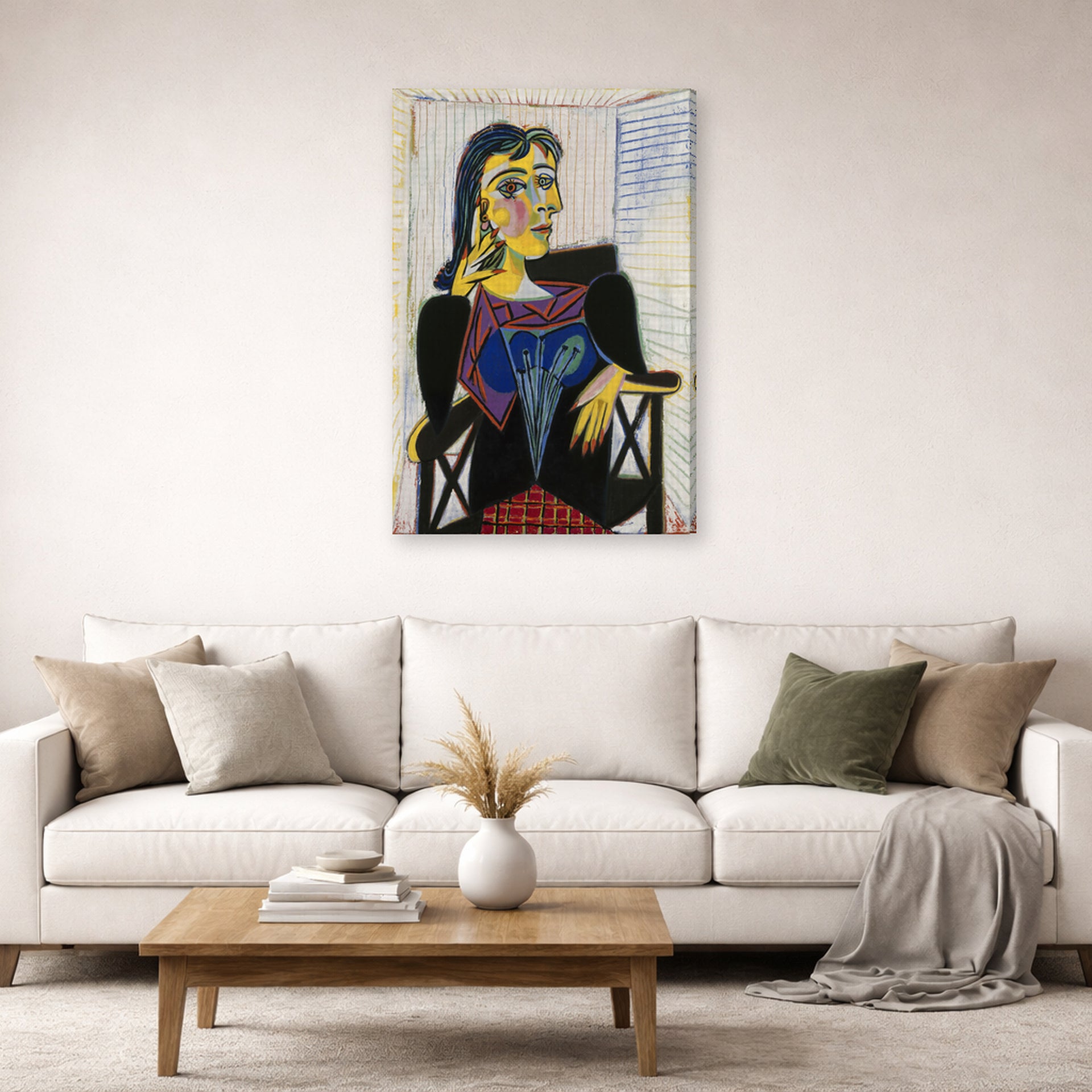 Gallery-wrapped canvas print of Pablo Picasso's 'Portrait of Dora Maar' displayed on a wall in a living room
