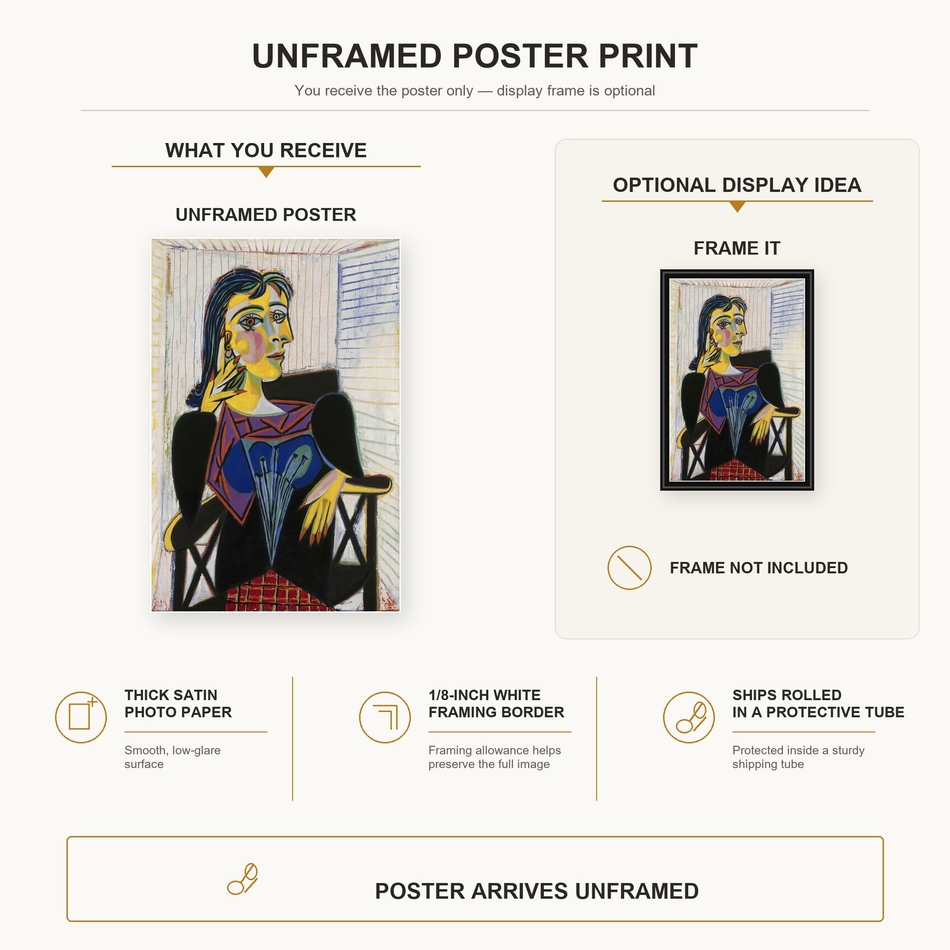 Pablo Picasso - Portrait of Dora Maar poster print size comparison and framing display infographic