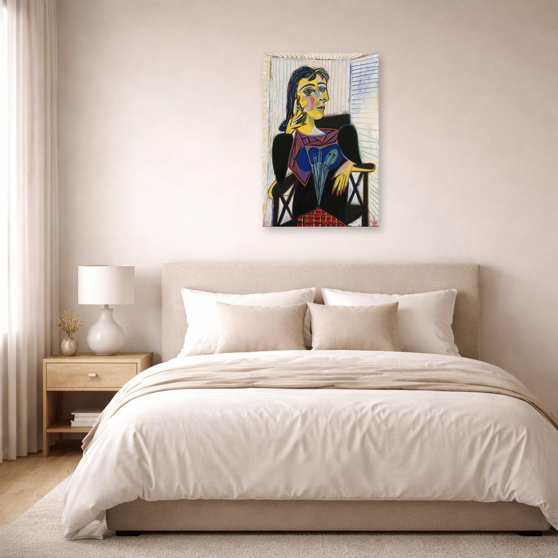 Unframed poster print of Pablo Picasso's 'Portrait of Dora Maar' displayed on a wall in a bedroom
