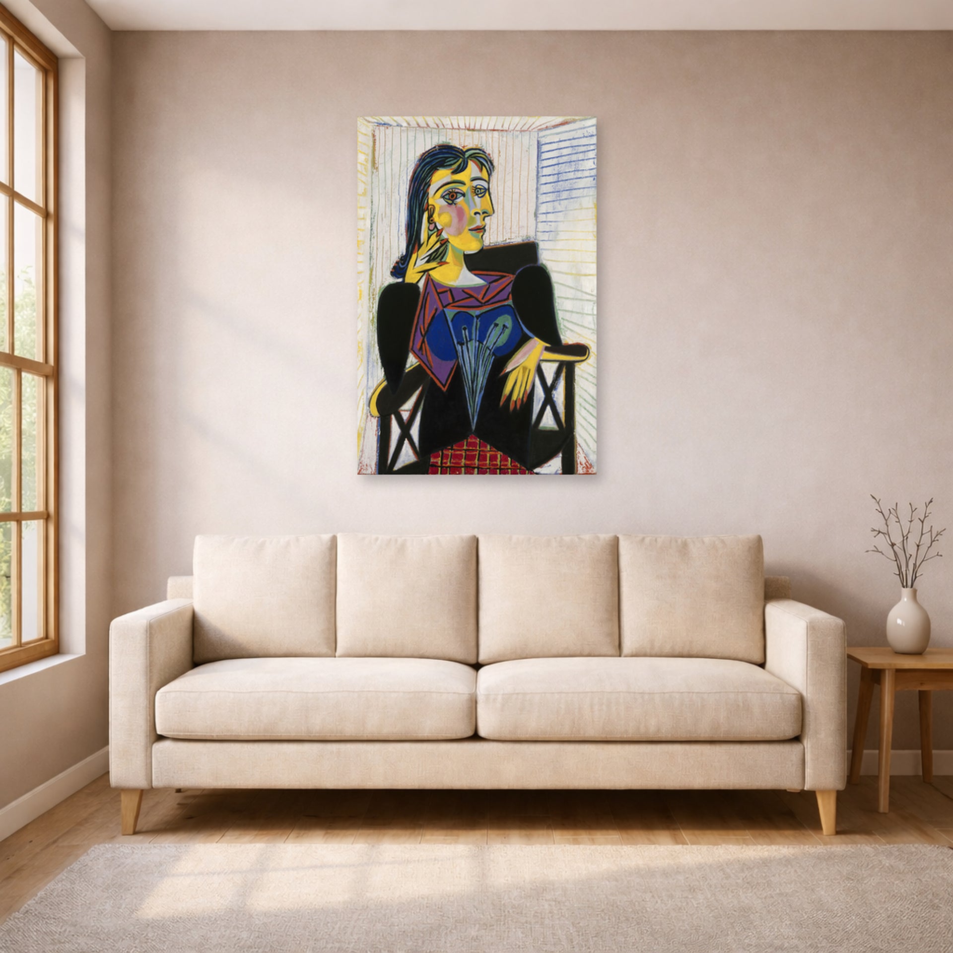 Unframed poster print of Pablo Picasso's 'Portrait of Dora Maar' displayed on a wall in a living room